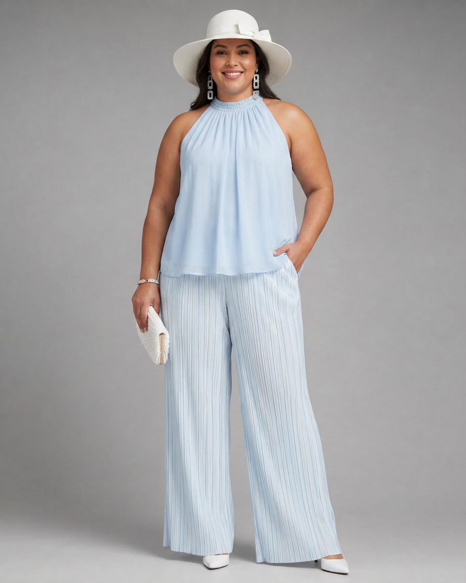 Dovie | Halter Neck Flowing Top And Pleated Wide Leg Trousers Set