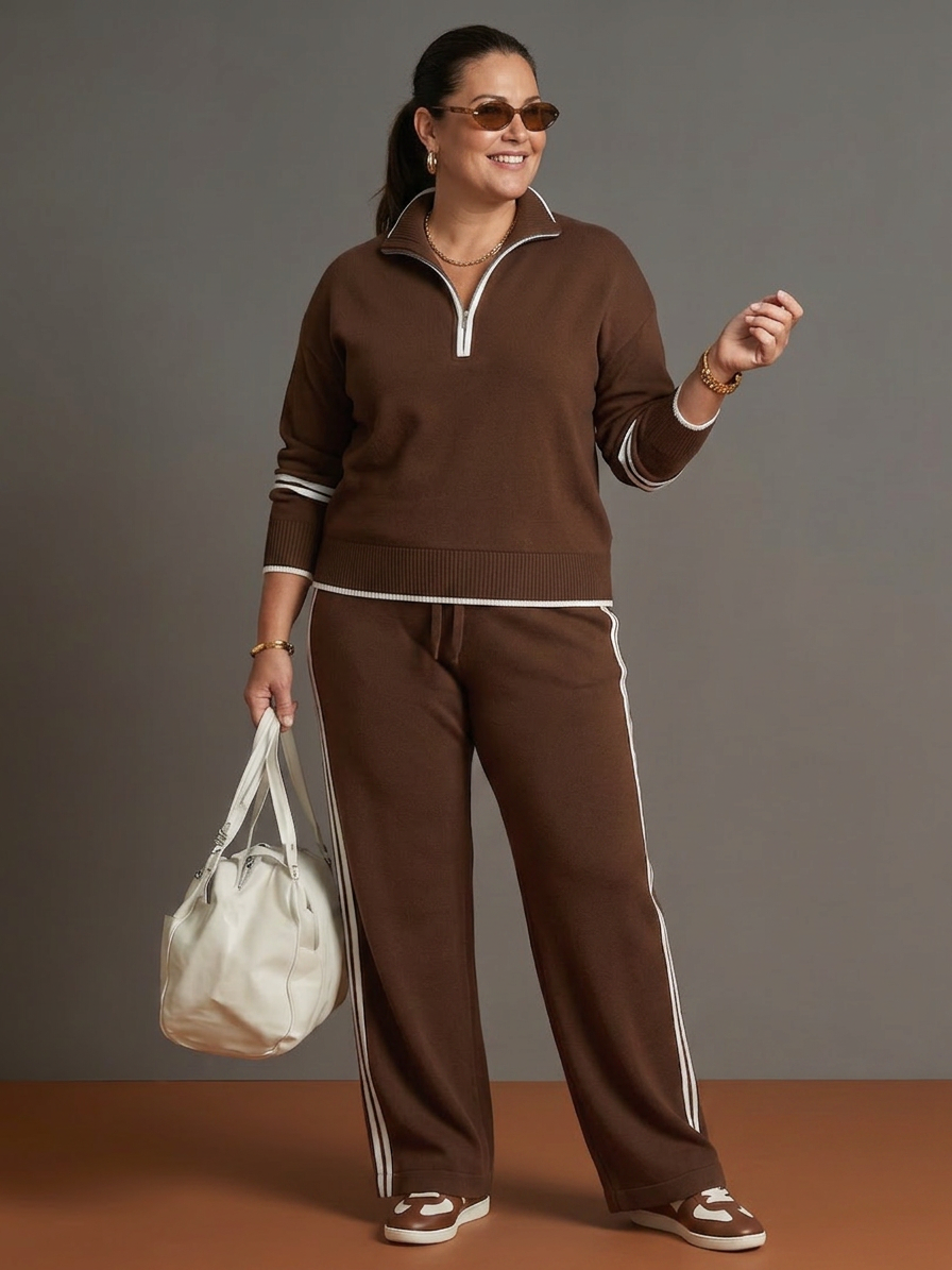 Greer | Zip Neck Long Sleeve Side Stripe Leg Trousers Set