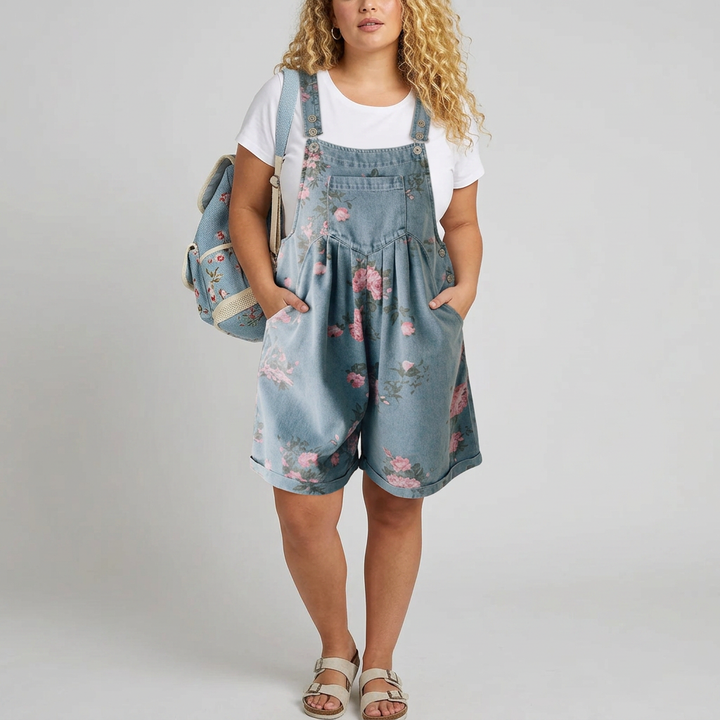 Solene | Vintage Washed Soft Cotton Feel Denim Floral Jumpsuit