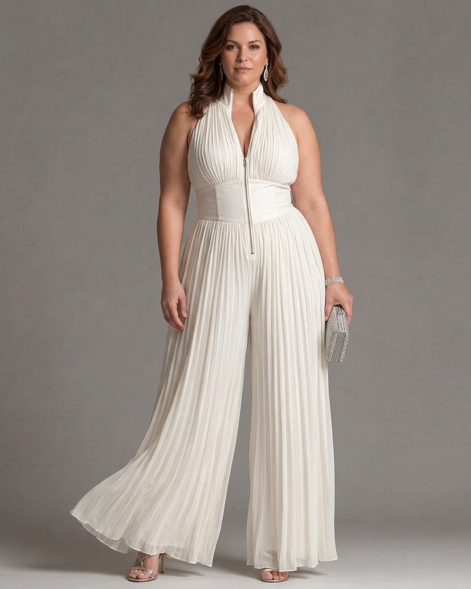 Eilwen | Pleated Halter Neck Wide Leg Jumpsuit