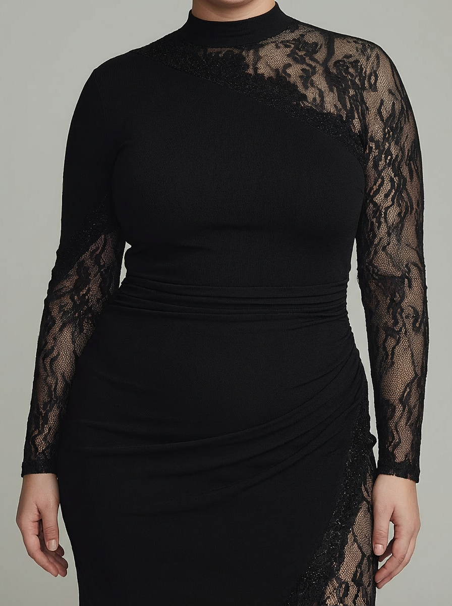 Elspeth | Black Turtleneck Lace Asymmetrical Tulle Long Sleeve Mini Dress