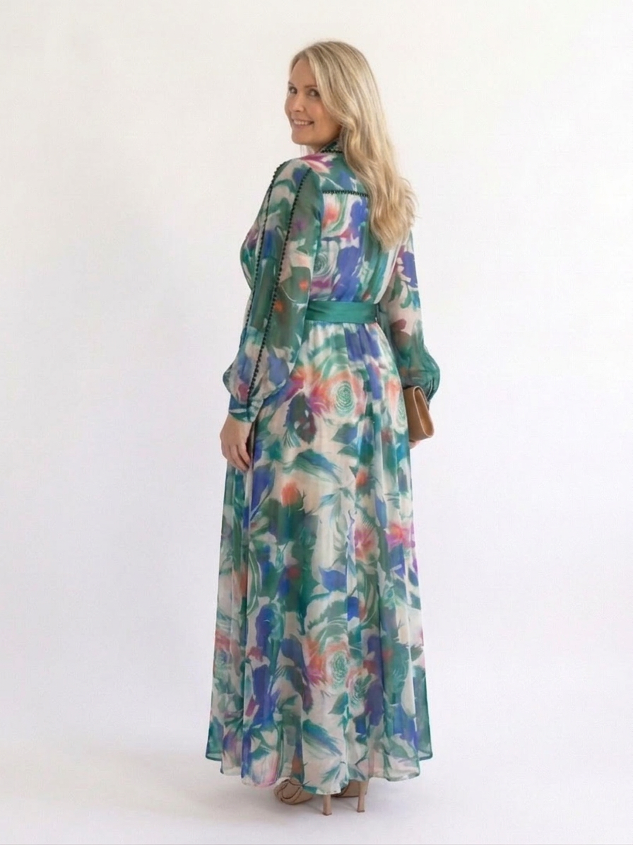 Aveline | Long Sleeve Printed Belted Maxi Dress
