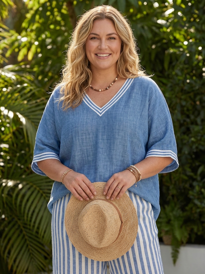 Anya | Contrast V Neck Tunic Stripe Trouser Set
