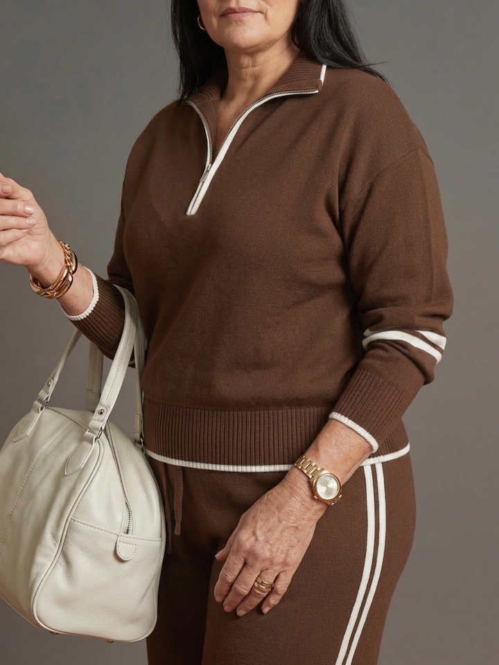 Greer | Zip Neck Long Sleeve Side Stripe Leg Trousers Set