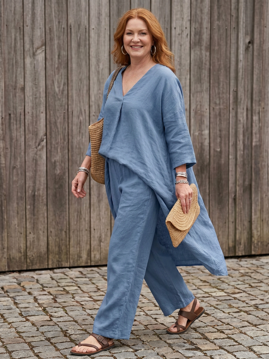 Juna | Loose Tunic Top Wide Leg Trouser Set