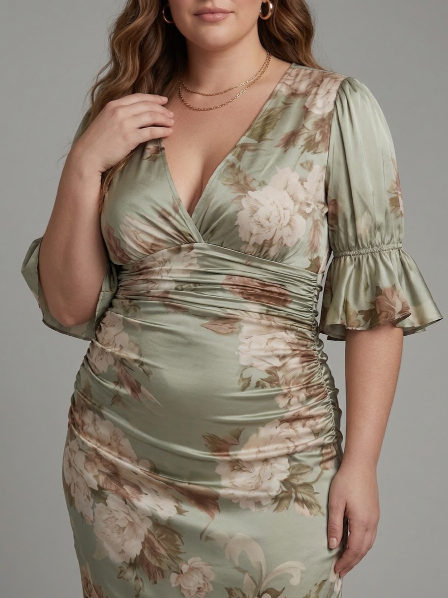 Wilhelmina | Short Sleeve V Neck Ruched Waist Midi Dress