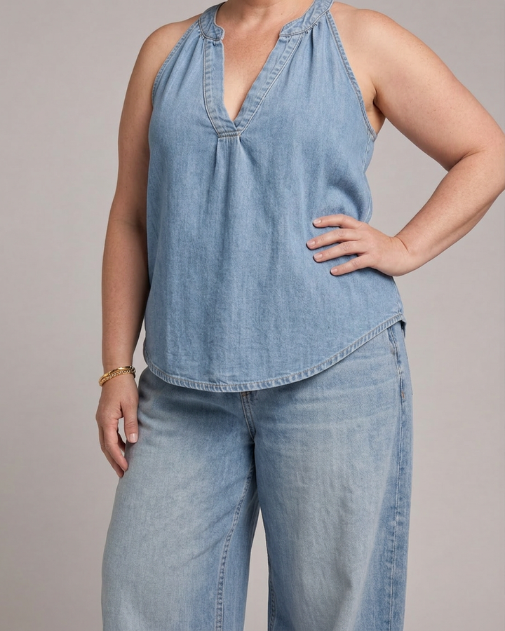Opaline | Halter Neck Denim Top And Wide Leg Trousers Set