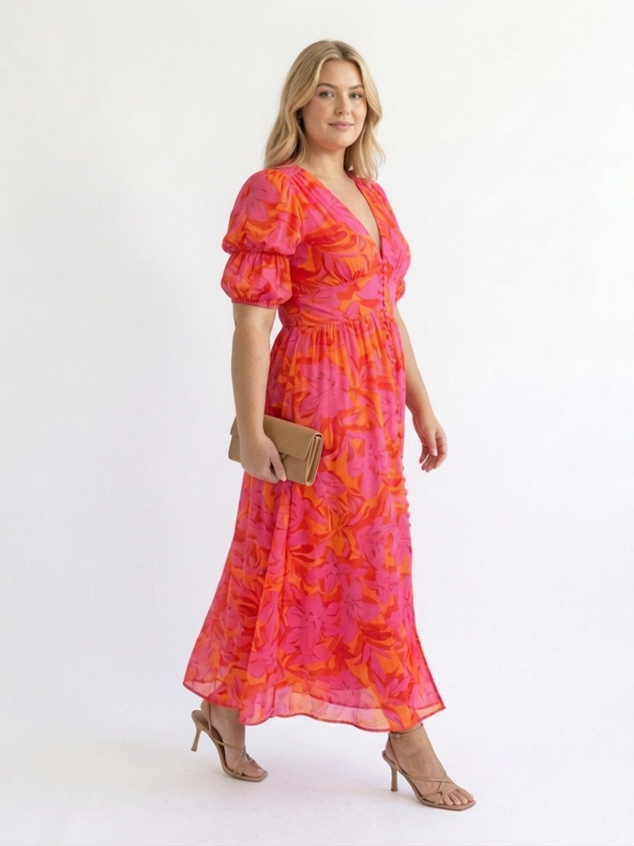Beatrice | Floral V Neck Puff Sleeve Midi Dress