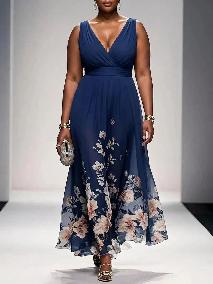 Salma | Light Blue Floral Chiffon V-Neck Maxi Dress