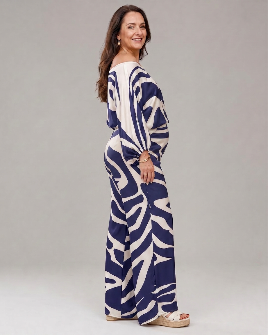 Calliope | Abstract Print Off Shoulder Top And Wide Leg Trousers Set