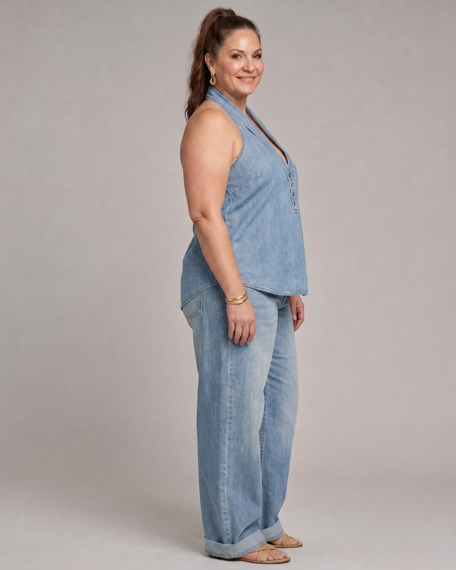 Opaline | Halter Neck Denim Top And Wide Leg Trousers Set