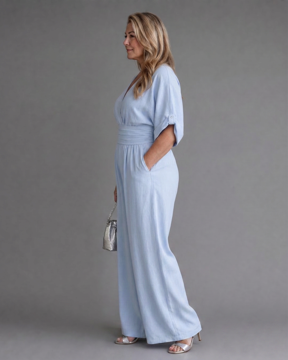 Ottilie | Draped V Neck Wide Leg Relaxed Jumpsuit