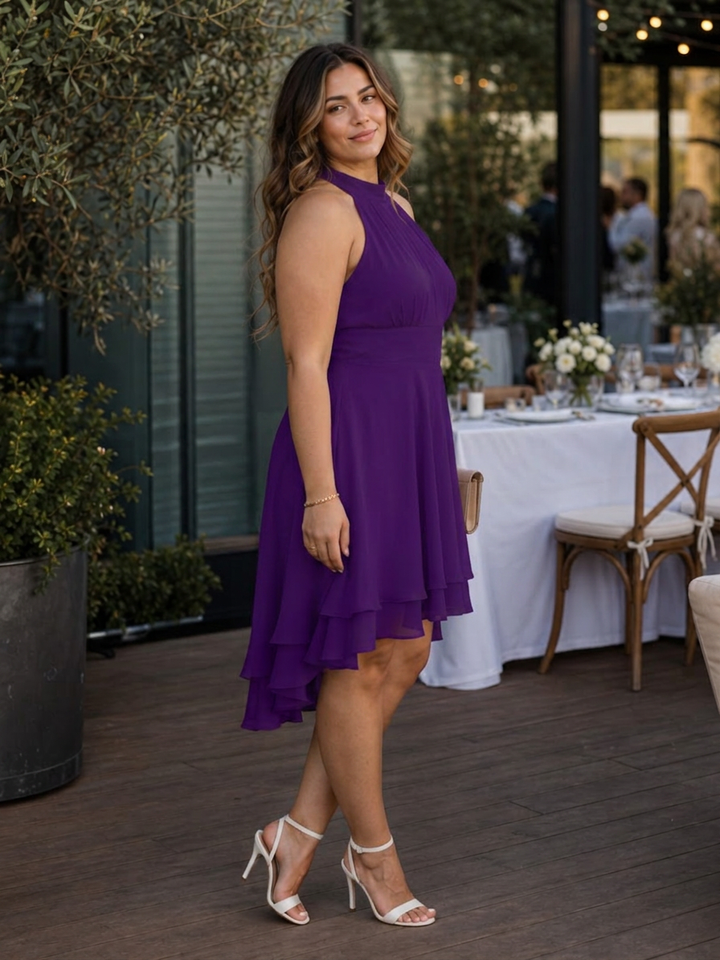 Rin | Halter Neck Layered Hem Knee Length Dress