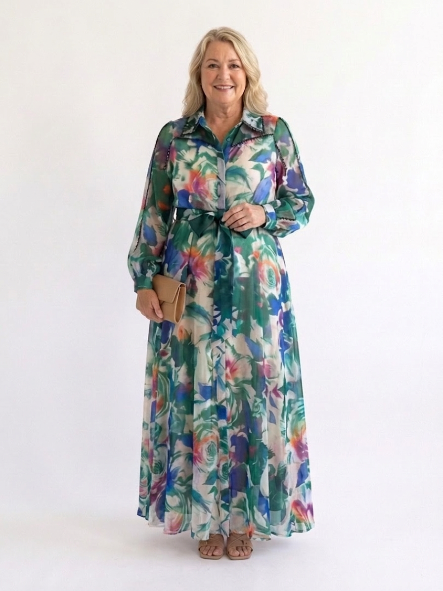 Aveline | Long Sleeve Printed Belted Maxi Dress