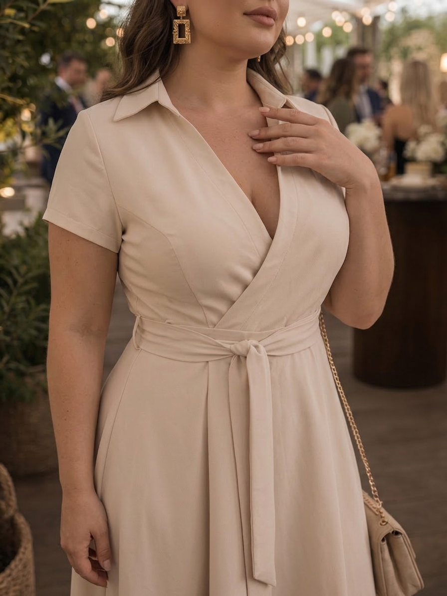 Eulalia | Short Sleeve Collared Wrap Waist Midi Dress