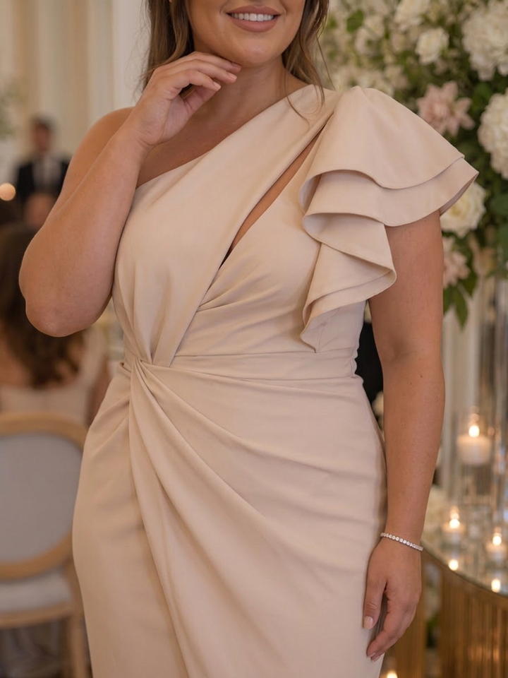 Mei | One Shoulder Draped Bodice Midi Dress