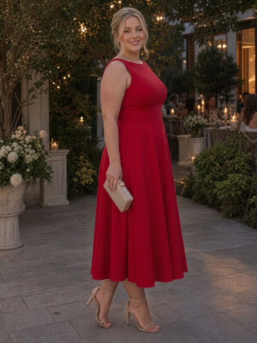 Isadora | Sleeveless Crew Neck Fitted Bodice Midi Dress
