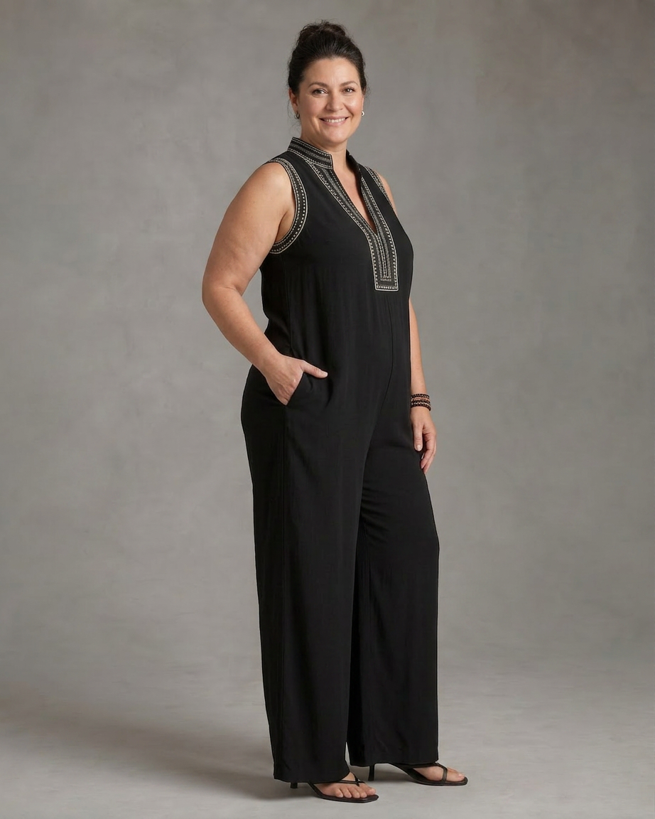 Wilhelmina | Embroidered V Neck Sleeveless Wide Leg Jumpsuit