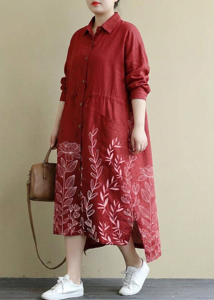 Isolde - Red Linen Shirt Dress Casual Oversize Spring Maxi Dresses