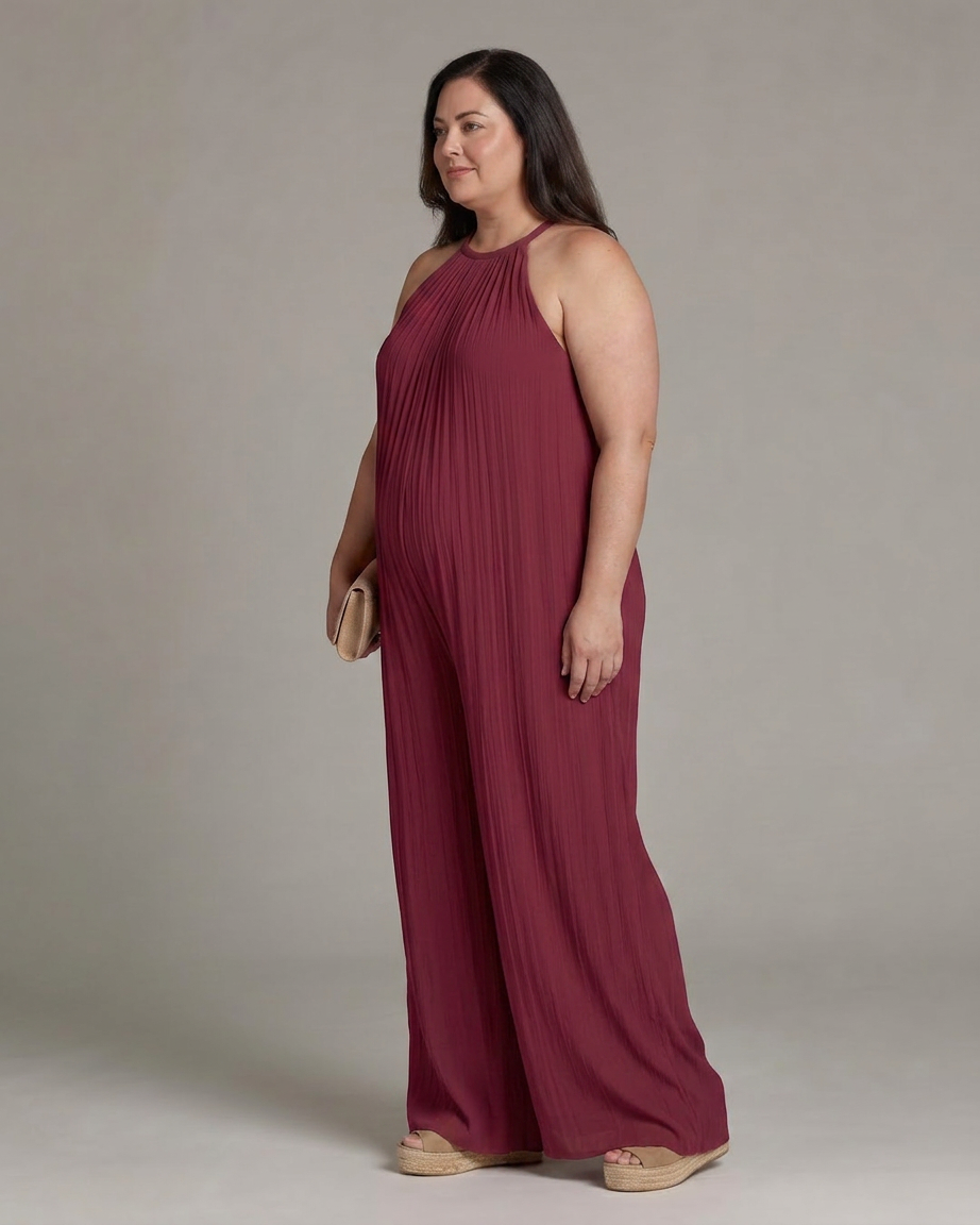 Wanda | Pleated Halter Neck Wide Leg Relaxed Jumpsuit
