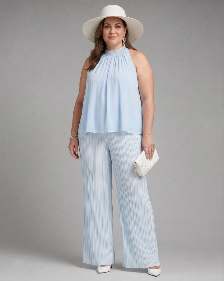 Dovie | Halter Neck Flowing Top And Pleated Wide Leg Trousers Set