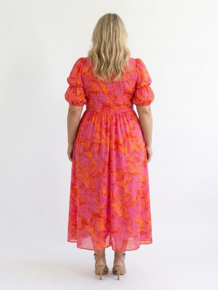 Beatrice | Floral V Neck Puff Sleeve Midi Dress