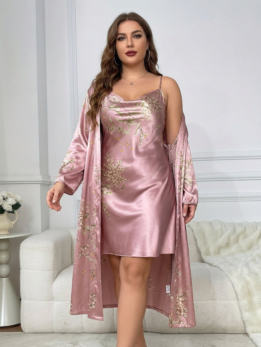 Vesper | 2-Piece Floral Satin Camisole &amp; Robe Set