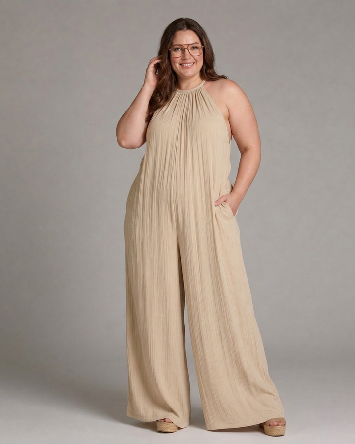 Wanda | Pleated Halter Neck Wide Leg Relaxed Jumpsuit