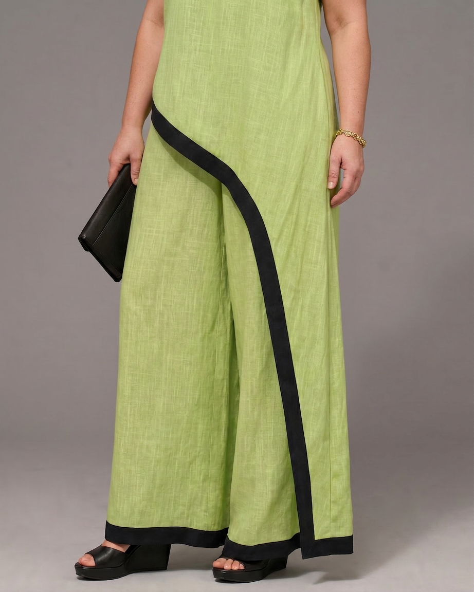 Genevieve | Contrast Trim Sleeveless Layered Top And Wide Leg Trousers Set