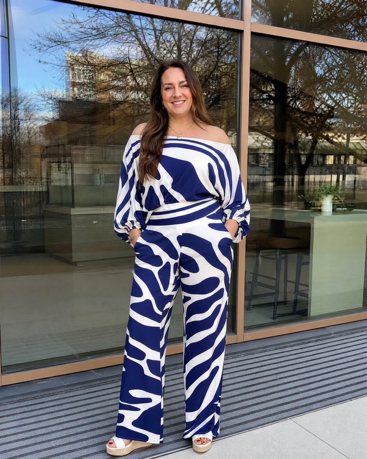Calliope | Abstract Print Off Shoulder Top And Wide Leg Trousers Set