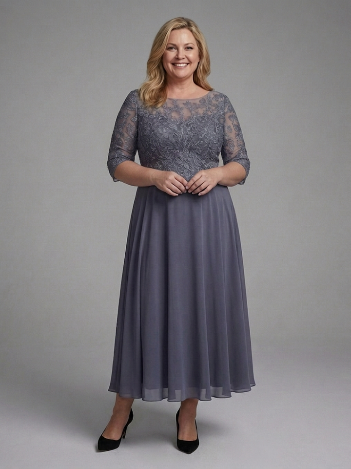 Anwen | Midi Dress with Lace Bodice and Sheer Sleeves