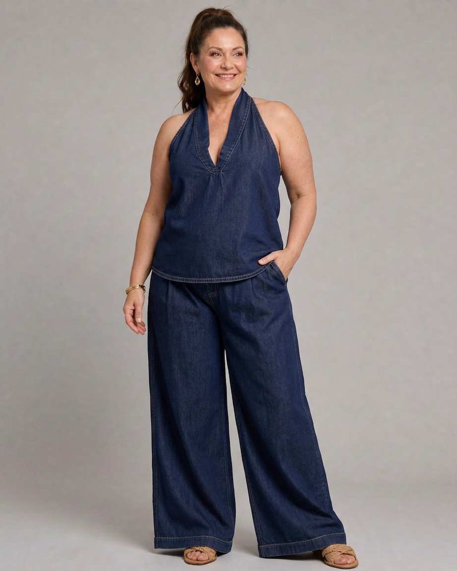 Opaline | Halter Neck Denim Top And Wide Leg Trousers Set