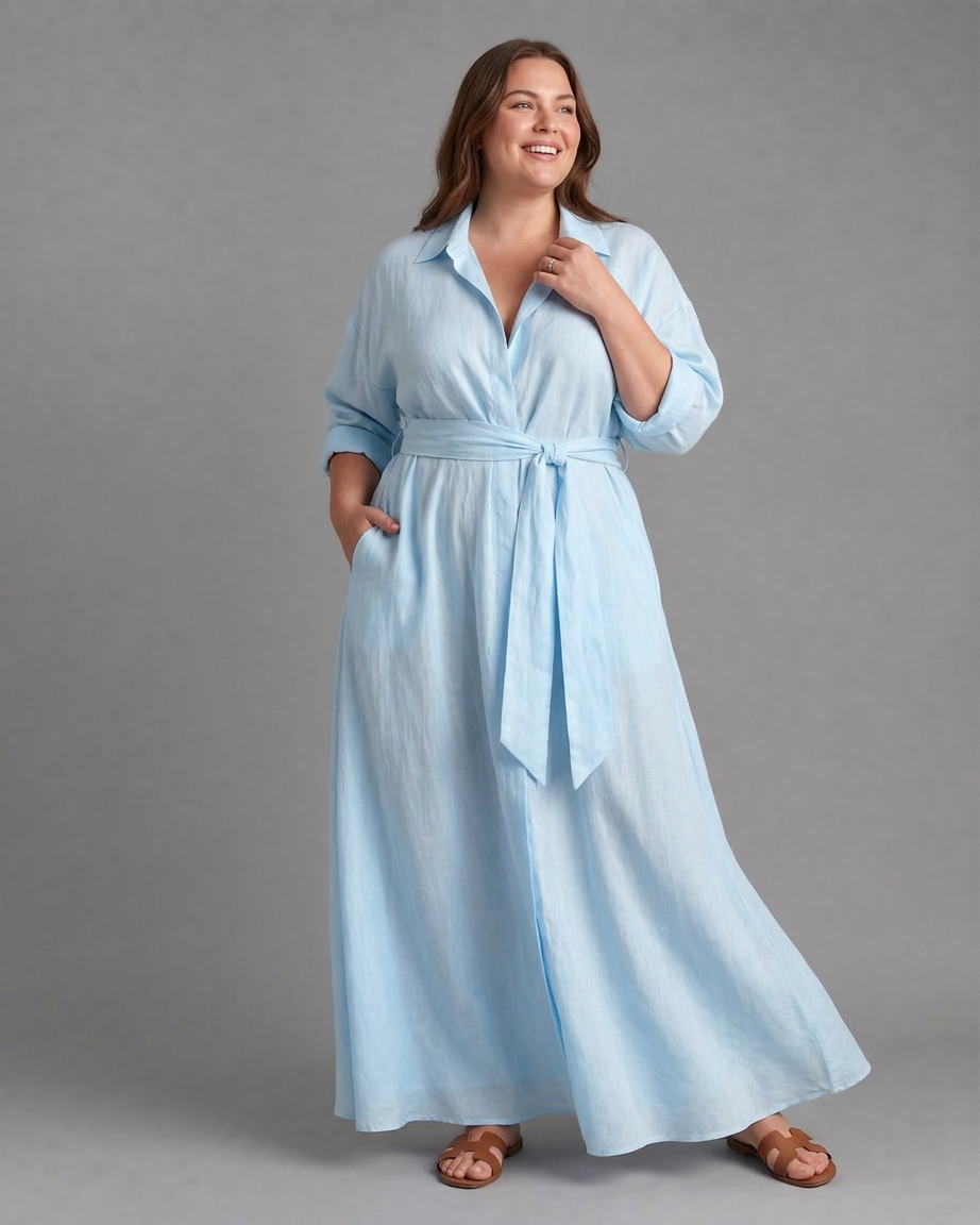 Astrid | Belted Collared Flowing Long Sleeve Midi Dress