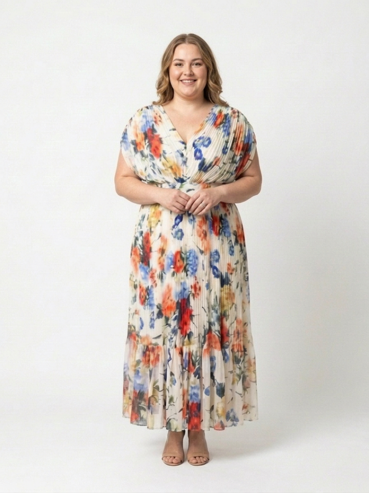 Coraline | Short Sleeve Pleated Floral Midi Dress