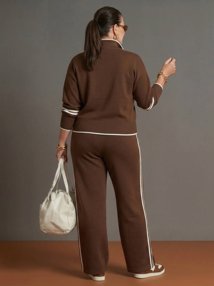 Greer | Zip Neck Long Sleeve Side Stripe Leg Trousers Set