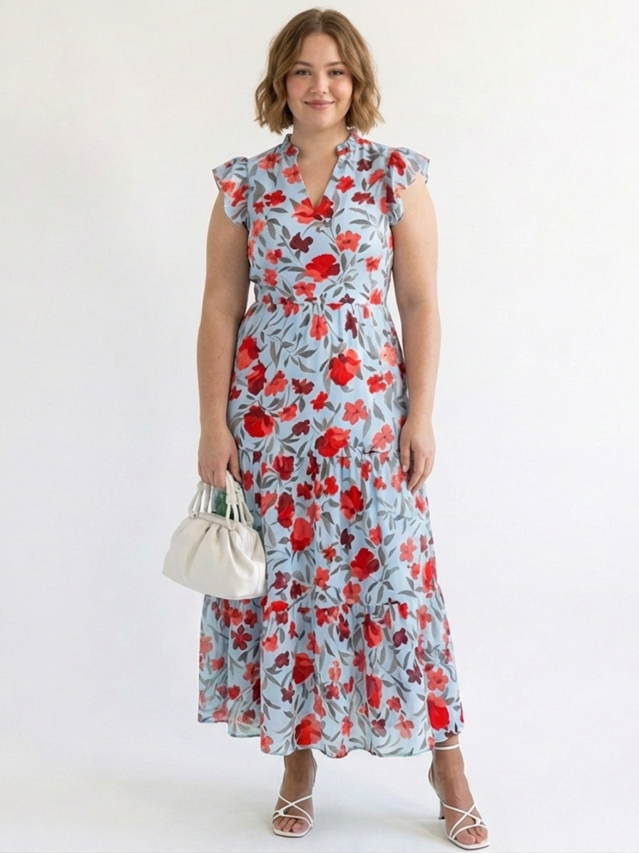 Theodora | Floral V-Neck Tiered Midi Dress