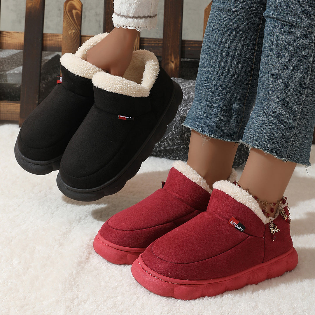 Closed-back plush house shoes with thick rubber sole for her and him