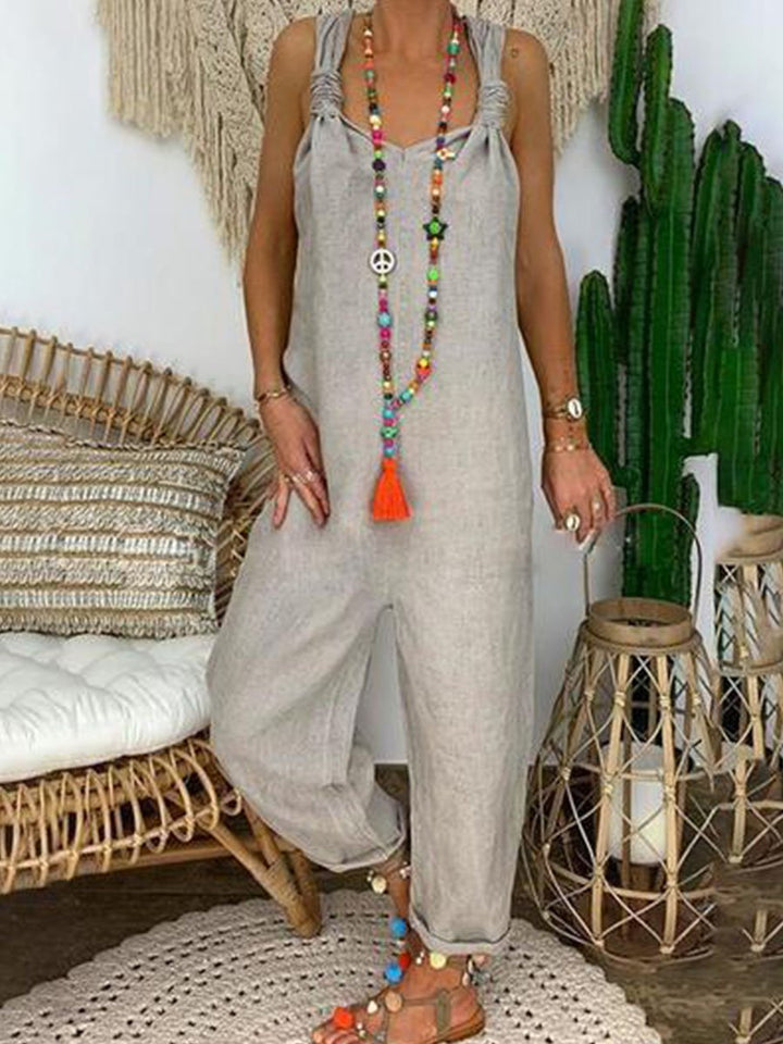 Bellamy - Solid Cross-back Cotton Linen Loose Jumpsuit