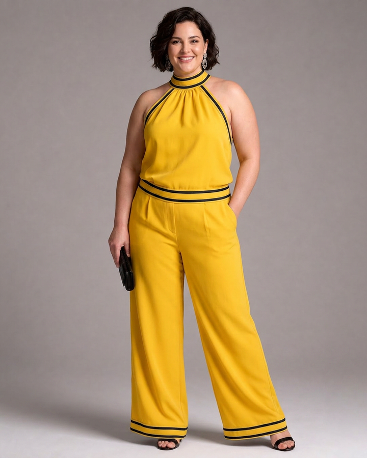 Saffron | Contrast Trim Halter Neck Wide Leg Jumpsuit