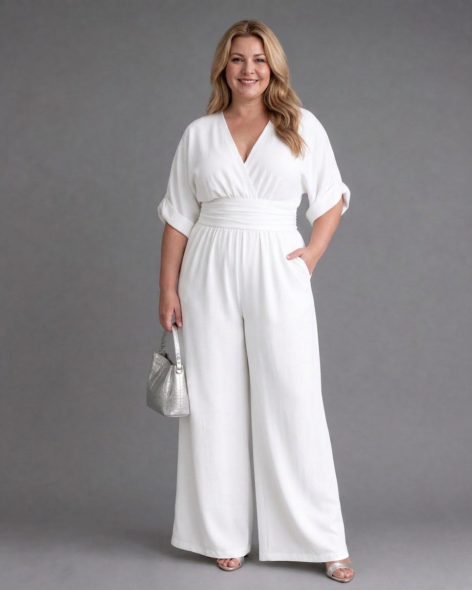 Ottilie | Draped V Neck Wide Leg Relaxed Jumpsuit
