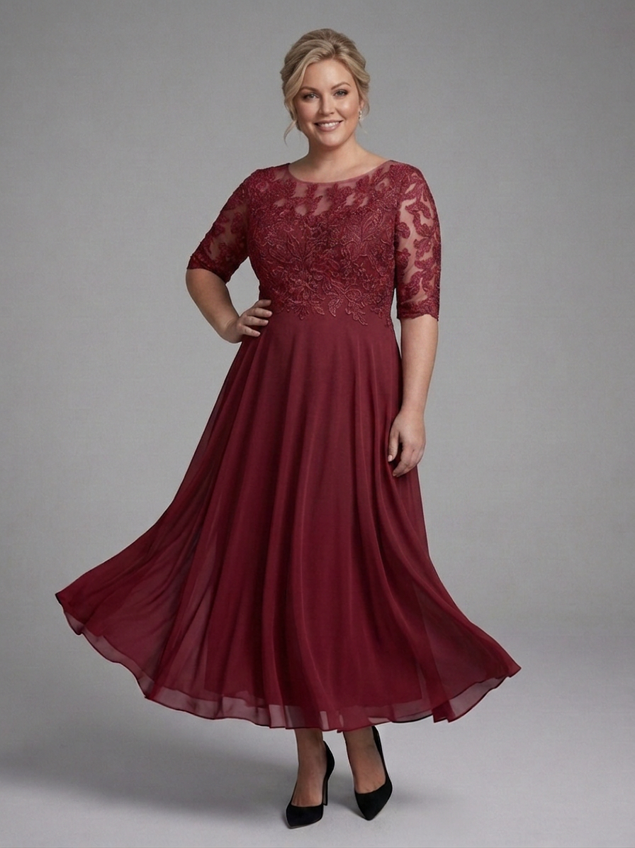 Anwen | Midi Dress with Lace Bodice and Sheer Sleeves
