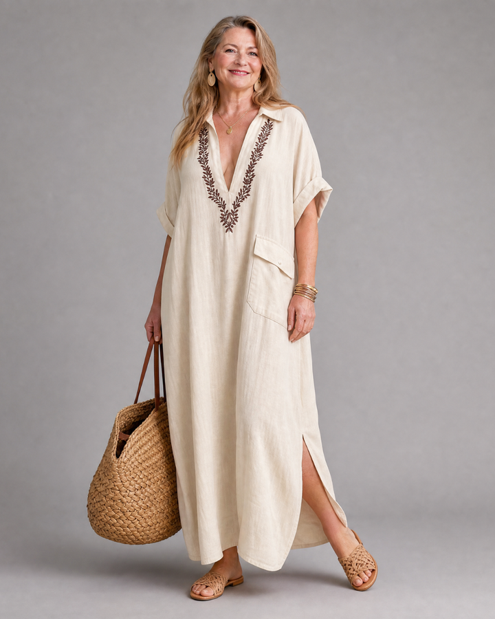 Posy | Embroidered V Neck Pocket Detail Relaxed Maxi Dress