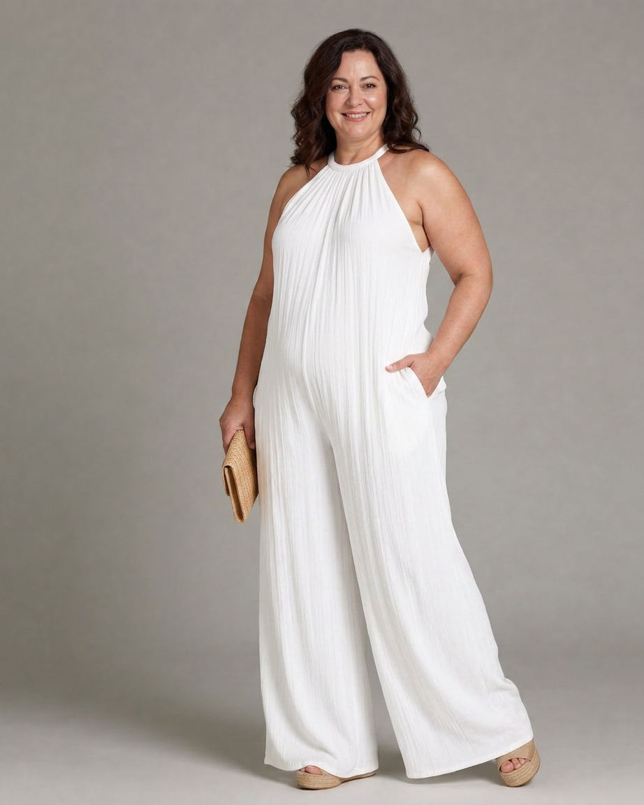 Wanda | Pleated Halter Neck Wide Leg Relaxed Jumpsuit