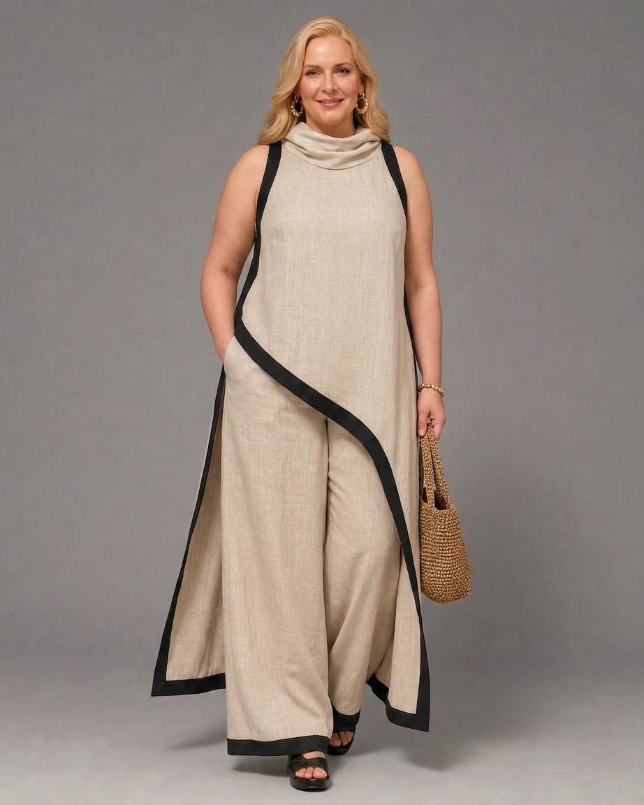Genevieve | Contrast Trim Sleeveless Layered Top And Wide Leg Trousers Set