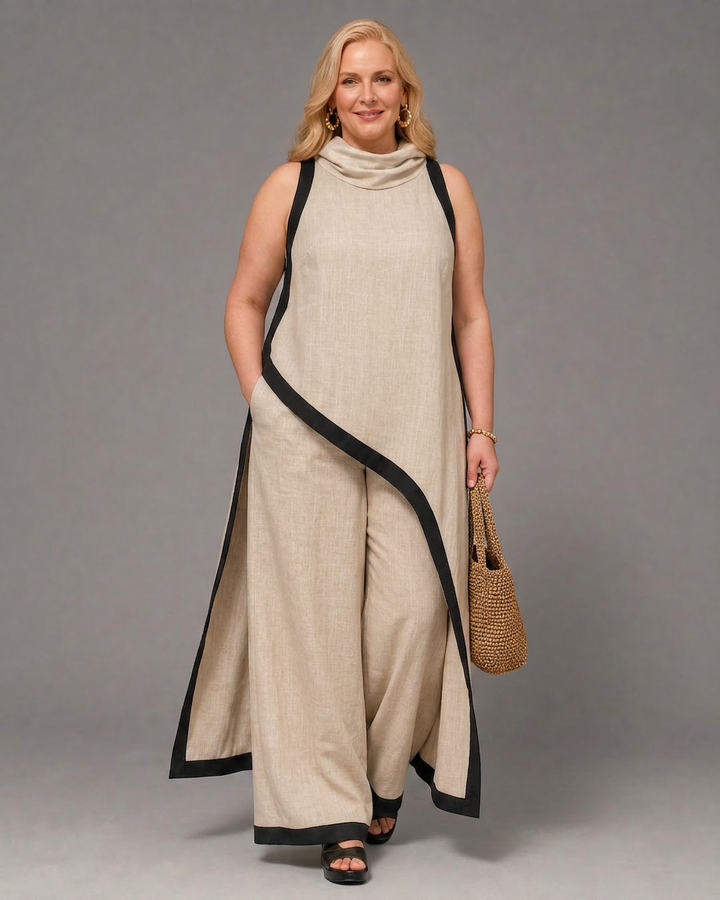 Genevieve | Contrast Trim Sleeveless Layered Top And Wide Leg Trousers Set
