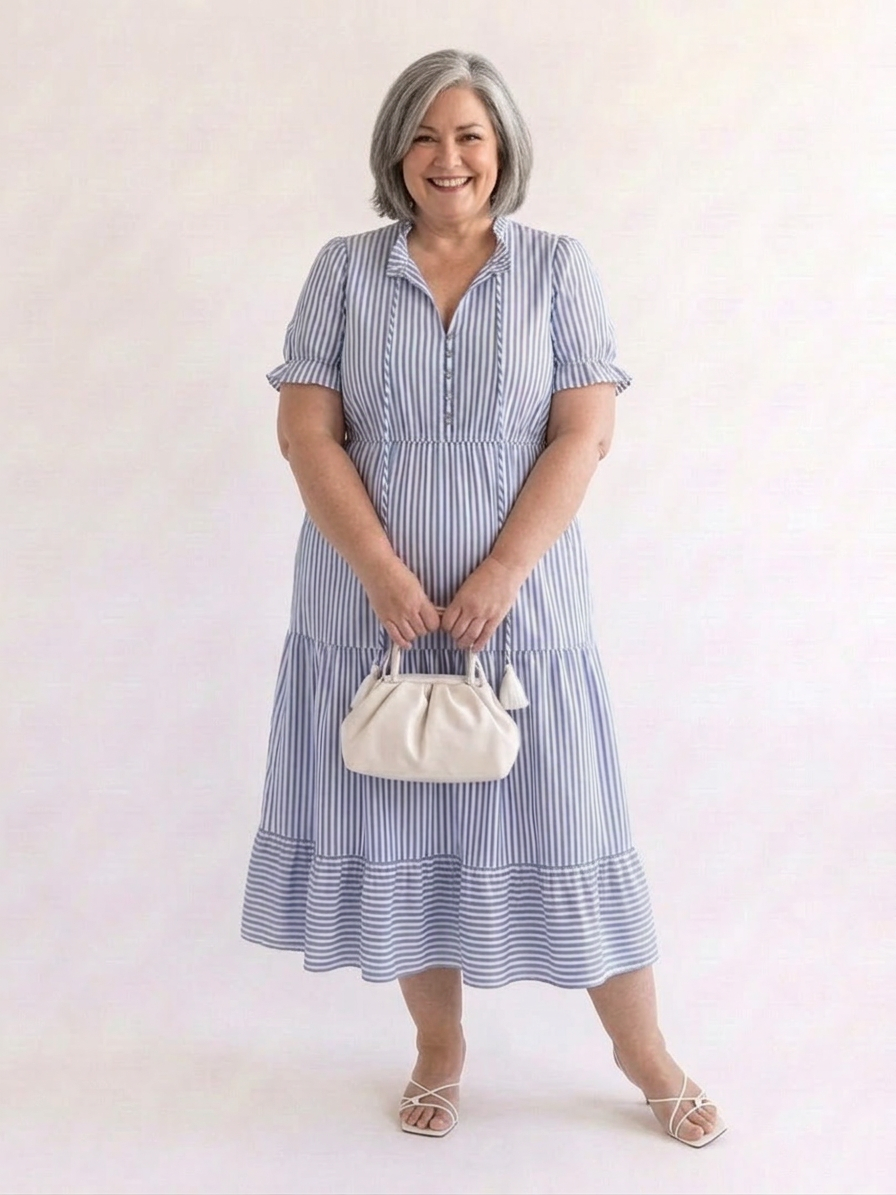 Oleander | Short Sleeve Striped Tiered Midi Dress