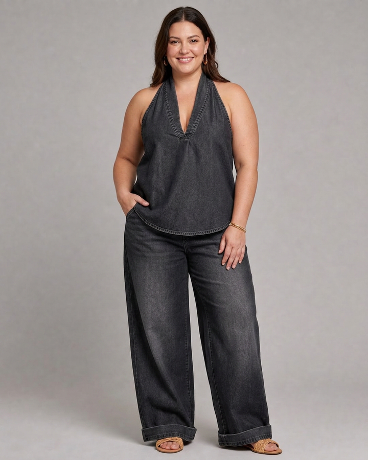 Opaline | Halter Neck Denim Top And Wide Leg Trousers Set