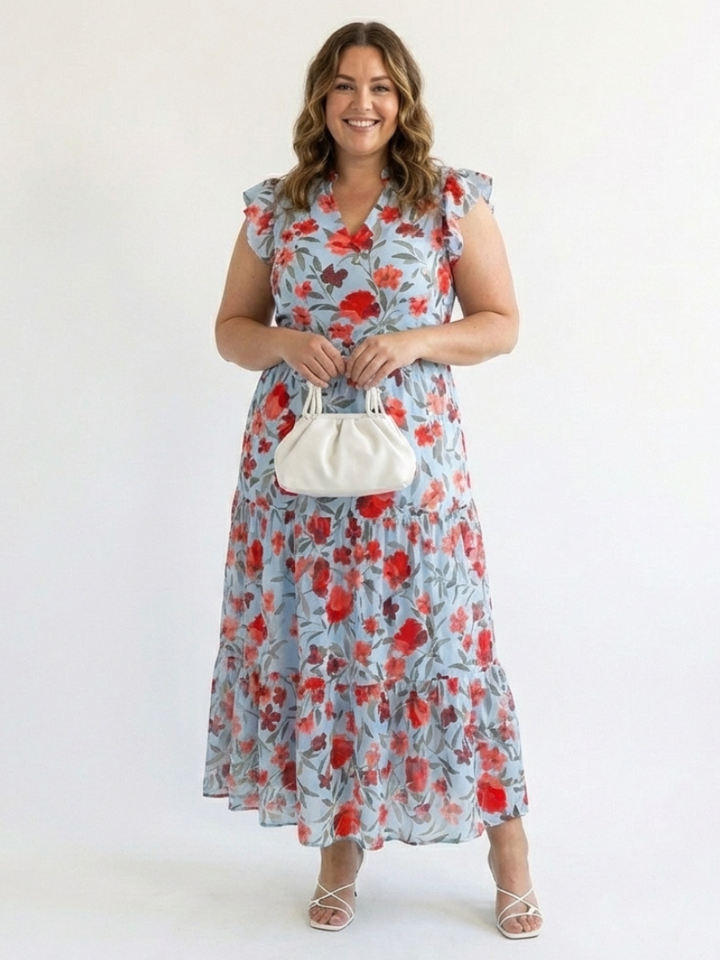 Theodora | Floral V-Neck Tiered Midi Dress