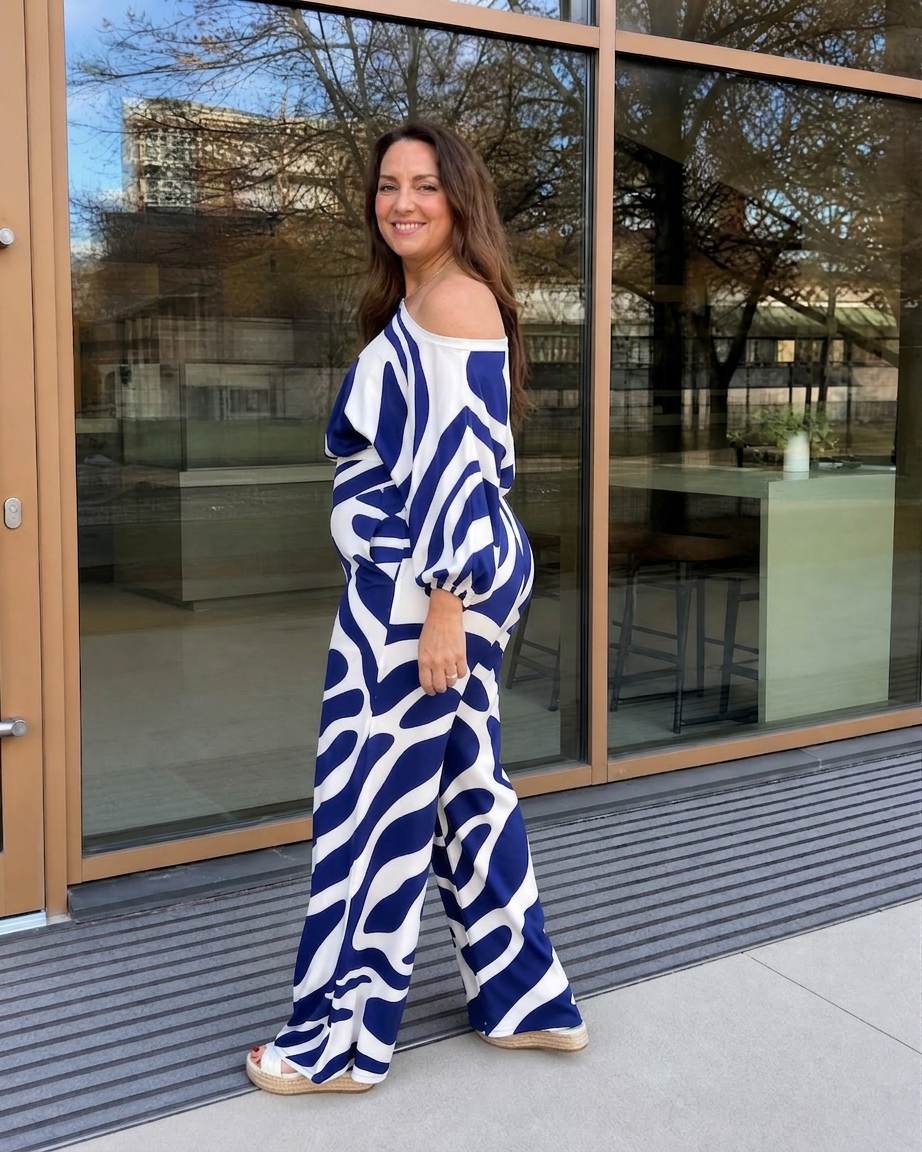 Calliope | Abstract Print Off Shoulder Top And Wide Leg Trousers Set