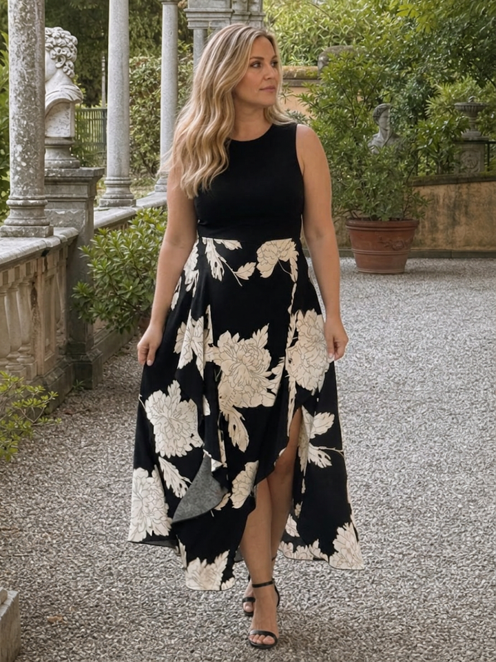 Shiloh | Sleeveless Floral Print High Low Hem Midi Dress